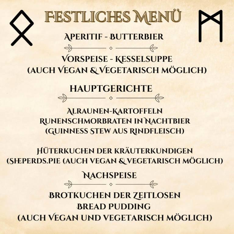 Menükarte mit 3-Gänge-Festmahlmenü für Live-Adventure-Game