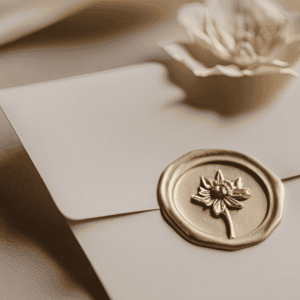 Eleganter Briefumschlag mit goldenem Wachssiegel der Siegel-Manufaktur vor einer weißen Blüte