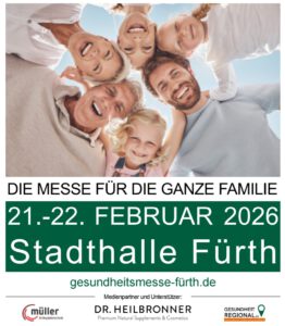Gesundheitsmesse Fürth im Februar 2026: Veranstaltungsflyer Details zu Terminen und Sponsoren und unserer Kinderbetreuung für Messebesucher.