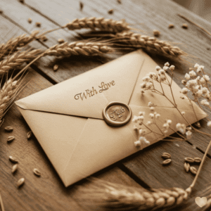 Briefumschlag der Siegel-Manufaktur mit "Whit Love" Wachssiegel, Getreide und Schleierkraut auf einer Hochzeit