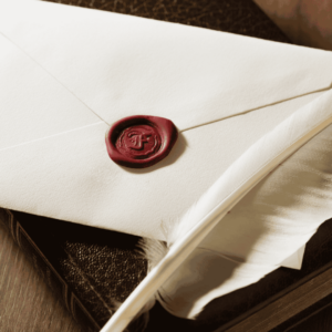 Altes Buch mit Briefumschlag, rotem Wachssiegel und weißer Schreibfeder.