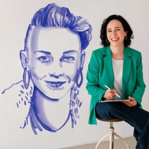 Live-Zeichnerin bei der Erstelllung eines Porträts auf einem Firmenevent neben dem fertigen Live-Porträit.