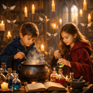 Zauber-Kindergeburtstag: Junge und Mädchen als Zauberer in einer magischen Bibliothek mit fliegenden Kerzen, fliegenden Schlüsseln und einem Zauberkessel.