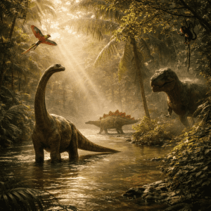 Dinosaurier-Kindergeburtstag: Drei Dinosuarier im Fluss einer Dschungellandschaft mit Palmen, einem Papagei und einem Affen im Baum.