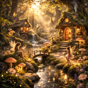 Zauberhafte Feenlandschaft im Wald mit magischen Feenhäuschen und Flusslauf.
