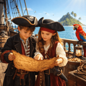 Kindergeburtstag im Piraten-Stil: Junge und Mädchen im Piratenkostüm lesen eine Schatzkarte auf einem Piratenschiff mit Papagei vor Tropischer Insel.