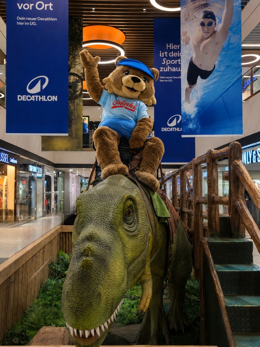 Fränki, das Maskottchen des Franken-Centers, reitet beim Ferienprogramm 2026 auf einem T-Rex – Dino-Aktion mit Die Spassknöpfe.